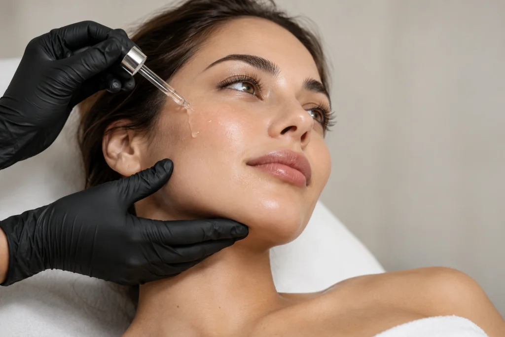 Exosome therapy concept with serum dropper and black gloves