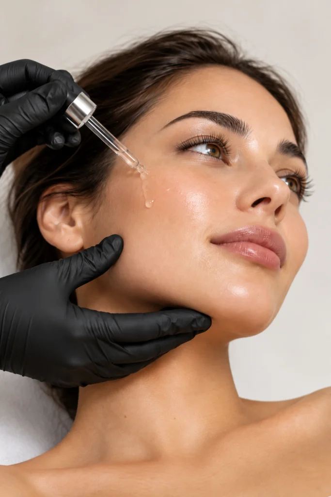 Editorial skincare serum application close-up
